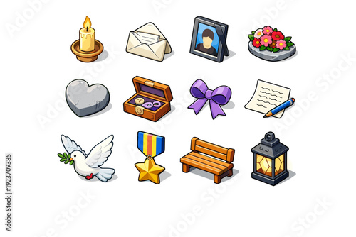 Remembrance. Colorful isometric vector icons set of Remembrance: lit candle, folded letter, photo frame, flower offering, stone heart, memory box, ribbon bow,