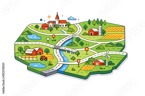 County visualized as a simplified regional map section with roads, fields, and small town icons, highlighting organization, land use, and local connections.