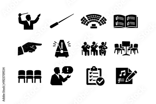 Orchestral rehearsal. Solid icon set of Orchestral rehearsal: rehearsal conducting pose, practice baton, orchestra seating layout, music score pages, conductor