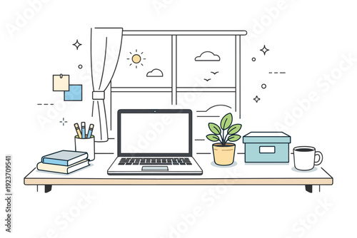 Hybrid work desk setups. Minimal home-office desk near a window with laptop, plant, and simple storage items. Comfortable work-from-anywhere feeling with clean