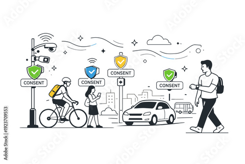 Ethical data collection. City sensors and mobility tracking devices with visible ?consent? labels and shield icons, abstract floating lines and stars around
