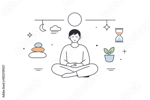 Stillness concepts. Abstract composition with a calm figure centered and surrounding elements perfectly balanced and static. The illustration