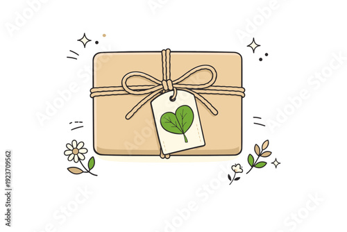 Spring gift with botanical touch. A close-up of a wrapped gift tied with twine and decorated with a small flower, eucalyptus, or pressed leaf as a tag. The