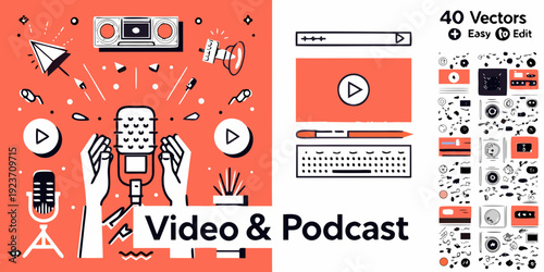 Colorful vector illustration of podcasting and video editing equipment