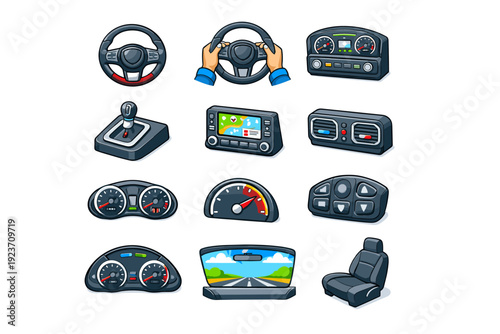 Car Interior POV. Colorful isometric vector icons set of Car Interior POV: steering wheel center, hands on wheel, dashboard panel, center console, gear shifter