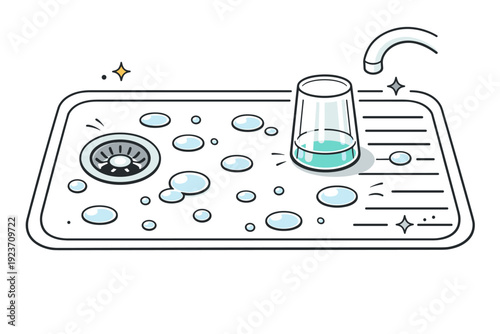 Water drops on sinks. Kitchen sink view with a glass set aside, droplets scattered across the steel surface. Subtle textures and domestic stillness. Minimalist