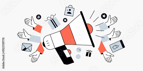 Social media marketing concept with hands megaphone and digital icons
