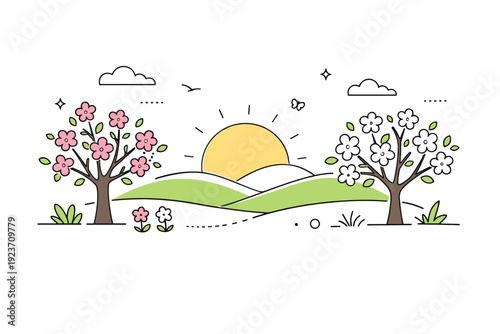 Spring hero illustration. Abstract landscape with blooming trees, soft hills, and gentle sun in the background, evoking freshness and openness. Clean and