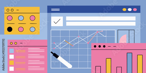 Colorful illustration depicting various data visualization elements and interface components