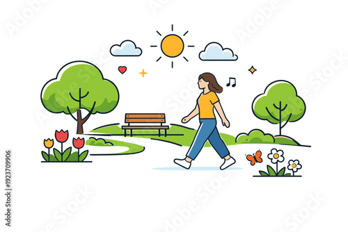 Spring park relaxation light walking moment with trees, flowers and open space, communicating balance, fresh air and positive everyday routine. Minimalist flat