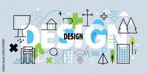 Colorful design elements and geometric shapes arranged around the word design