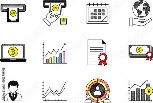 Monochrome financial business icon set with ATM, calendar, bar charts, dollar and target symbols
