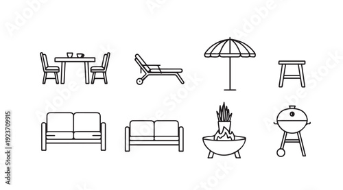 Outline Icons Set: Outdoor Furniture, Patio Dining, Lounge Chair, Grill, Fire Pit, Umbrella