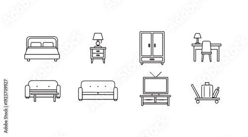 Outline Icons of Household Furniture and Objects for Interior Design