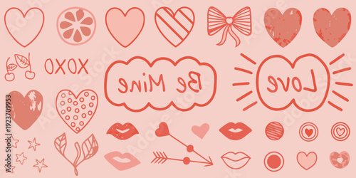 A collection of hand drawn pink valentine s day themed doodles