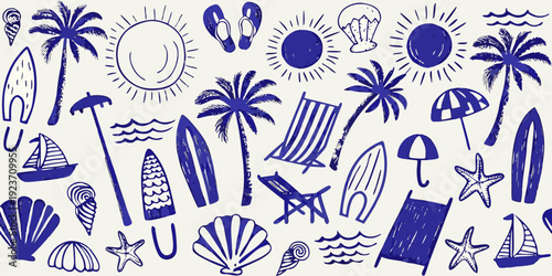 Blue and white summer themed doodles of beach and tropical elements
