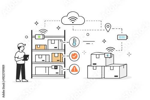 IoT sensors in warehouse. Small connected devices attached to shelves and packages, sending signals and status updates. Quiet, reliable monitoring with
