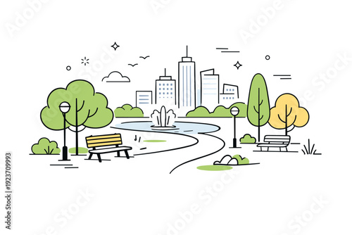 Parks and scenic backdrops. A simple city park scene with walking paths, trees, and distant buildings, showing harmony between urban life and nature. Calm