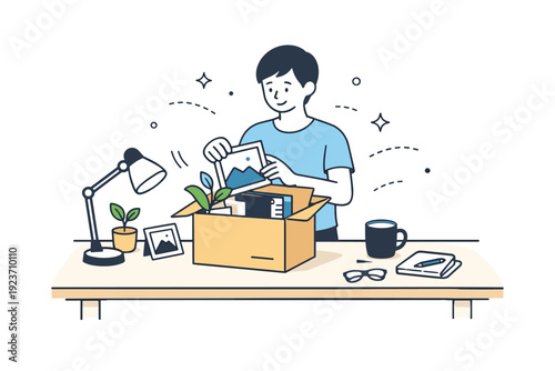 People in transitional moments. Someone packing personal items into a box at a simple desk, leaving some objects behind. A calm sense of