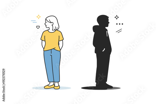 Shaded Duality. People in shade contrast. Two people standing close, one in light and one in shadow, without interaction. Parallel presence, visual contrast,