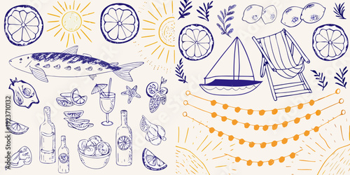 Summer themed doodles featuring citrus seafood and beach elements