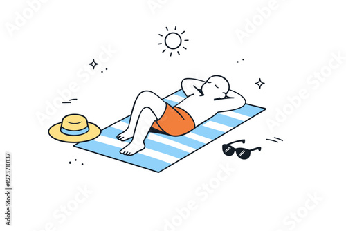 Minimal sunbathing moment. A relaxed figure lies on a towel under the sun, with a hat and sunglasses placed nearby. The illustration captures quiet rest and a