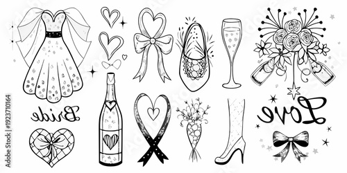 Wedding themed doodle set with dress shoes and celebratory elements