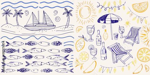 A playful doodle illustration depicting a vibrant summer beach scene
