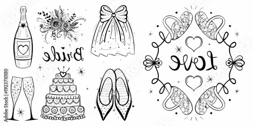 Black and white wedding themed doodles with champagne cake and shoes