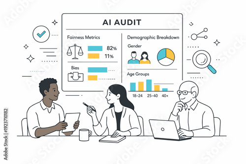 AI Audit Analysis. Human-centered AI audit. A group calmly analyzing fairness metrics and demographic breakdowns from an AI dashboard, showing responsible tech