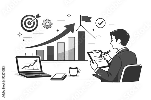 Monochrome business growth. A professional reviewing upward charts or goals, symbolizing progress and development using only tonal contrast. The composition