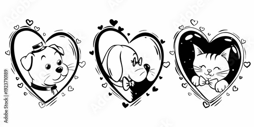Three heart shaped illustrations featuring a dog bunny and cat