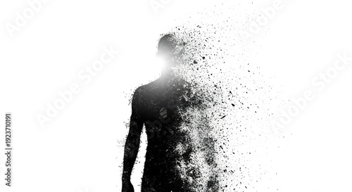 Human silhouette shattering into particles on a stark white background abstract concept