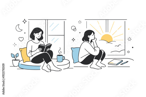 Mindful morning routines at home. Sitting by the window with a book or looking outside, slow awakening and quiet reflection, sunlight and abstract rays