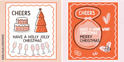 Festive christmas cards with cheerful greetings and celebratory illustrations