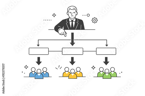 Top-down decision structures. A senior leader standing above a simplified hierarchy chart, pointing at decisions flowing downward to smaller team figures