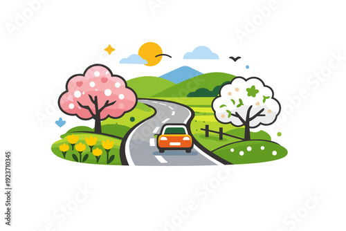 Spring road trip countryside route passing trees and fields in bloom, capturing calm rhythm, exploration, and connection with nature. Minimalist flat vector