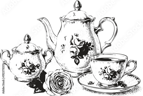 Engraving art of vintage tea set with floral patterns and ornate designs. Hand Drawn Sketch. Vector hand drawn illustration