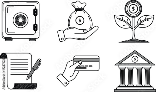 Monochrome financial security icon set with safe, money bag, growth plant, document, credit card and bank building
