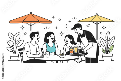 Outdoor cafes social moments. Friends laughing together as a waiter places drinks on the table, umbrellas and plants framing the scene. Lively yet calm social