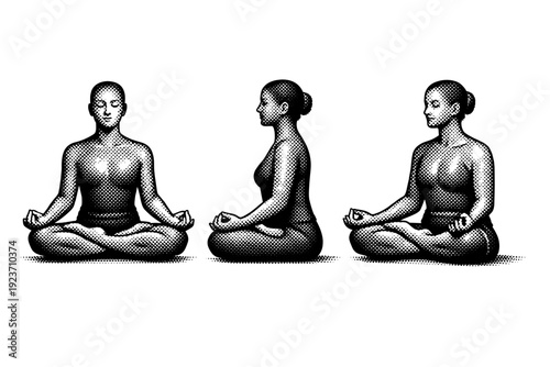 Yoga lotus pose icon. A single lotus pose icon shown in three views: front view, side view, and three-quarter view, focusing on seated leg arrangement, hand