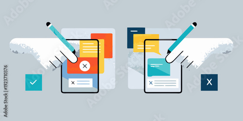 Hands interacting with mobile phones displaying forms and checkmarks