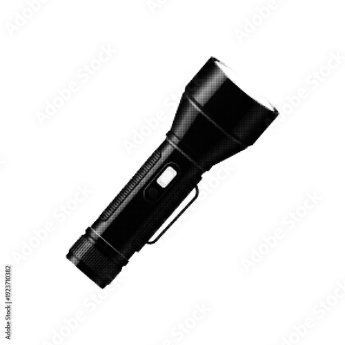 Portable flashlight isolated on white background. Handheld torch for emergency, camping and security use, monochrome halftone illustration.
