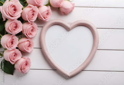 Pink rose flowers and heart with space for text