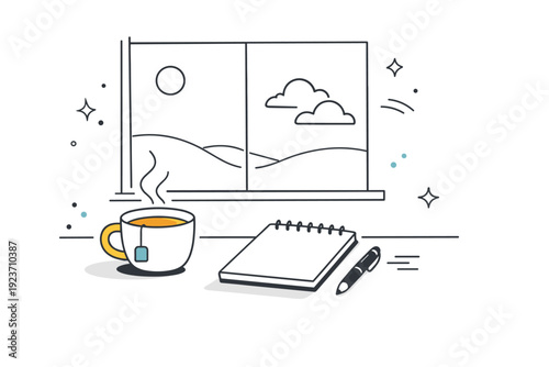 Thinking without conclusion. Window view with a cup of tea and notepad resting untouched, light shifting slowly across the scene. Moment of reflection held