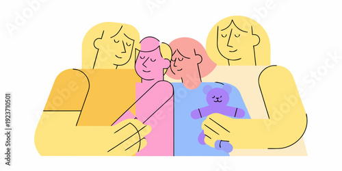 Illustration of a family embracing featuring a mother father and child