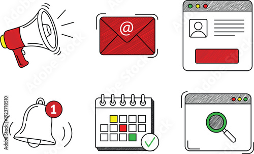 Red and monochrome communication and notification icon set with megaphone, email, bell, calendar and search