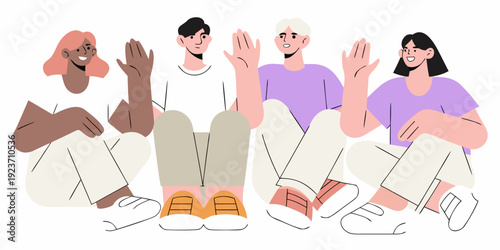 Diverse group of people waving and sitting together cheerfully