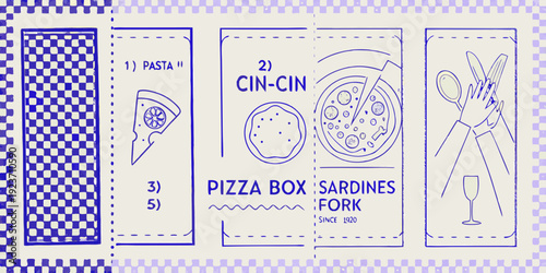 A collection of blue line art illustrations on a checkered background