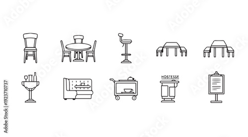 Restaurant Furniture and Fixtures Line Icons Set